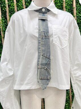 EUC Galita White Denim Tie Detail Crop Blouse, Sz - Lg